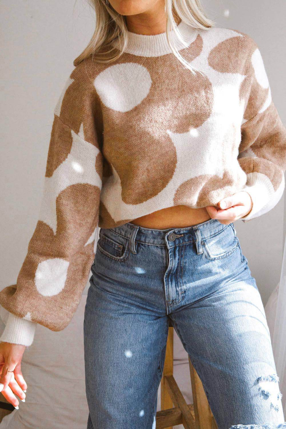 Contrast Flower Mock Neck Long Sleeve Sweater - Amexza