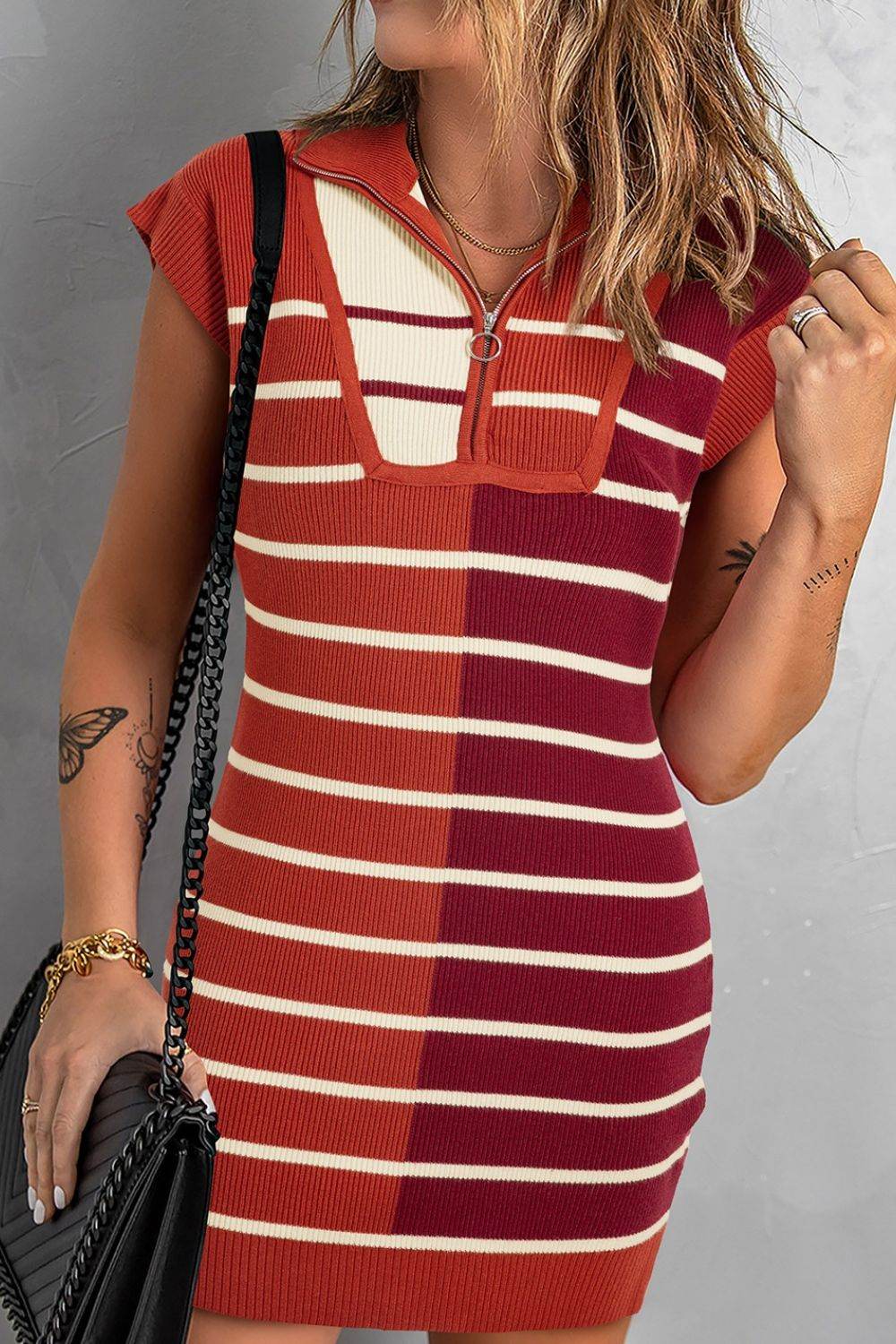 Striped Quarter Zip Cap Sleeve Sweater Dress - Amexza