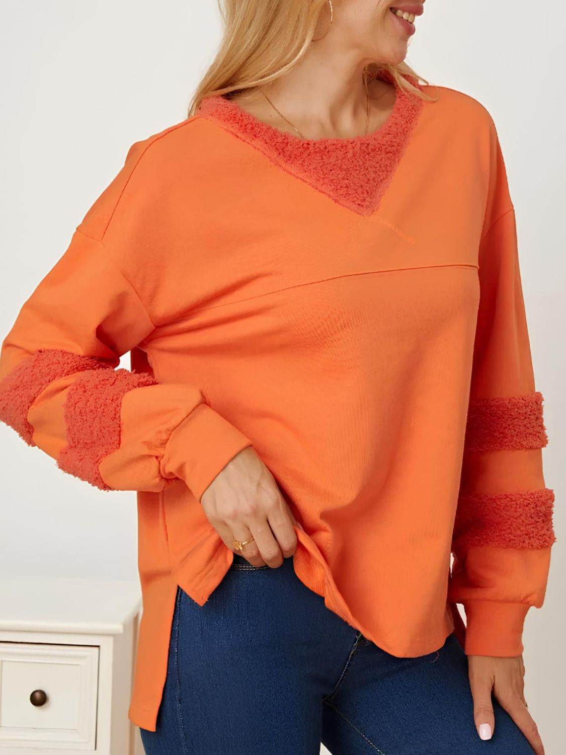 High-Low Round Neck Long Sleeve Sweatshirt - Amexza