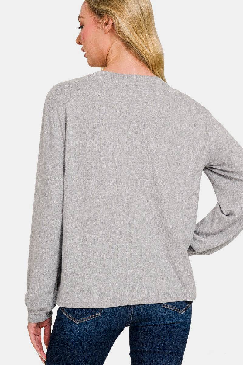 Zenana Hacci Round Neck Long Sleeve T-Shirt for a perfect OOTD – dress to impress outfits from Amexza