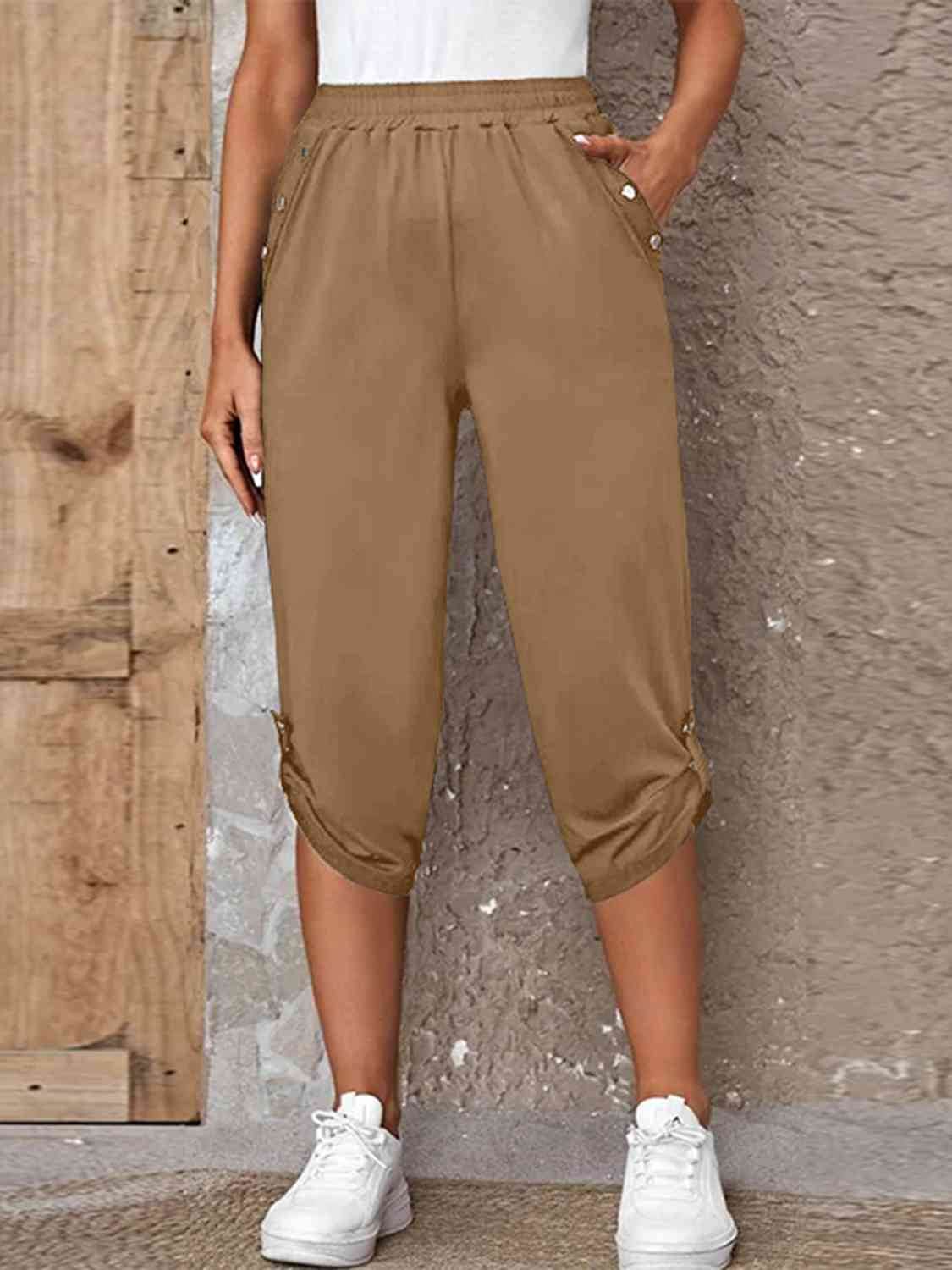 Full Size Roll-Tab Capris Pants Camel for a perfect OOTD – dress to impress outfits from Amexza