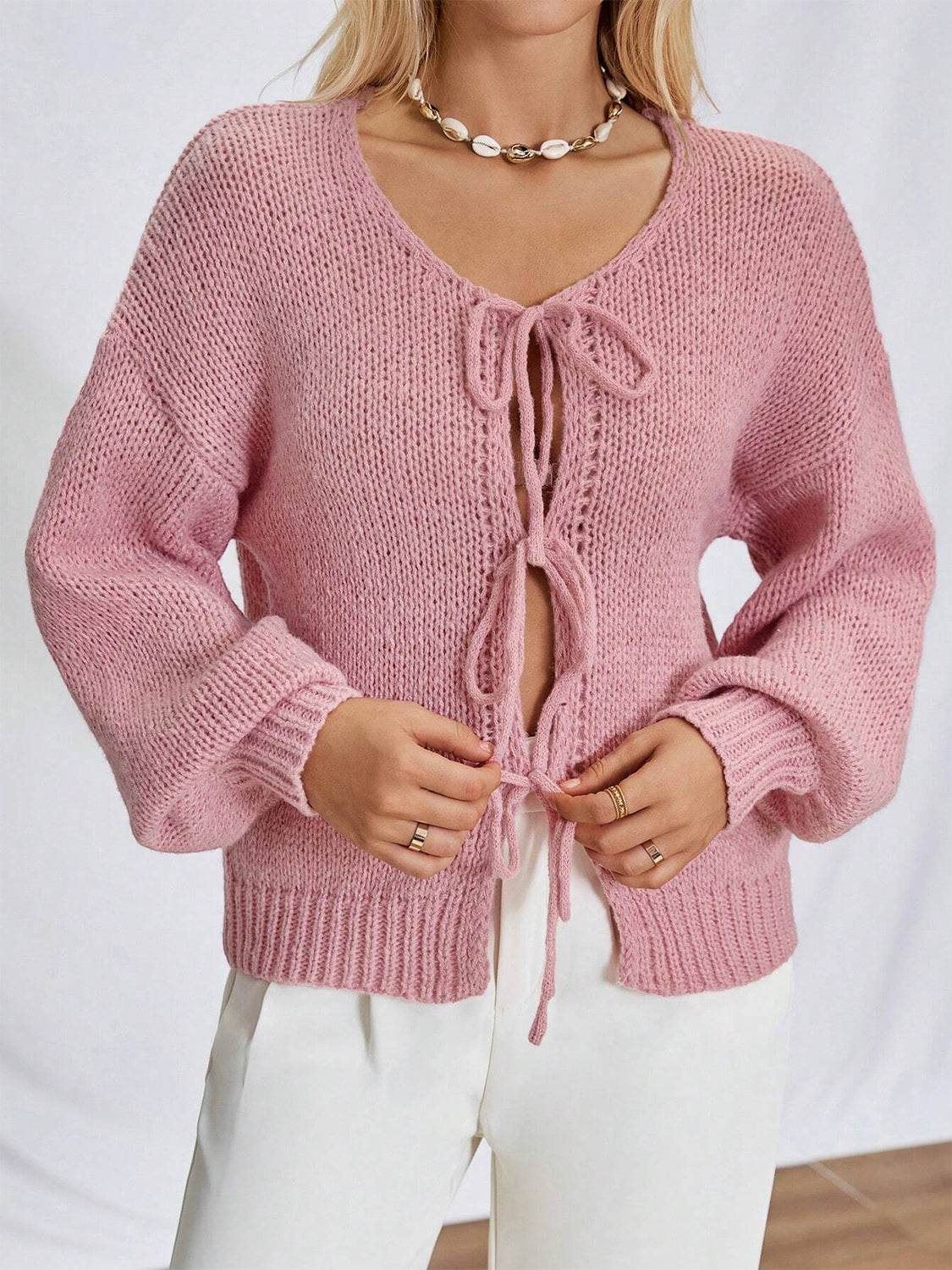 Tied Long Sleeve Dropped Shoulder Cardigan - Amexza