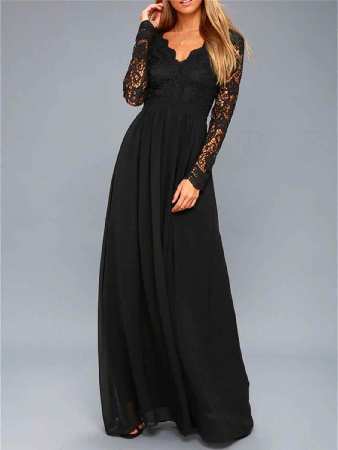 Lace Detail Backless Long Sleeve Maxi Dress Black for a perfect OOTD – dress to impress outfits from Amexza