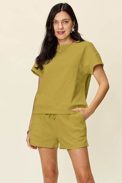 Double Take Full Size Texture Short Sleeve T-Shirt and Drawstring Shorts Set Chartreuse for a perfect OOTD – dress to impress outfits from Amexza