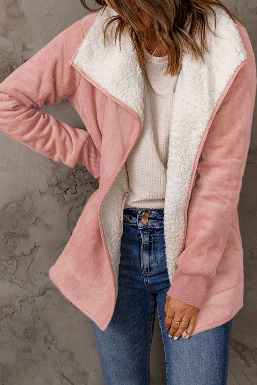 Open Front Long Sleeve Sherpa Jacket for a perfect OOTD – dress to impress outfits from Amexza