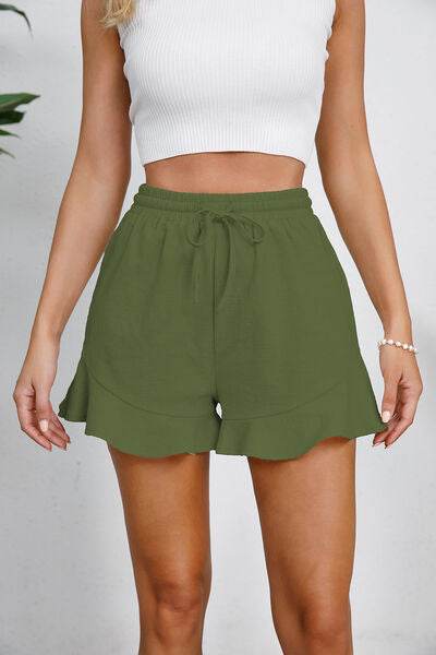 Full Size Drawstring Ruffle Hem Shorts Green for a perfect OOTD – dress to impress outfits from Amexza