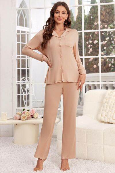 Button Up Long Sleeve Top and Pants Lounge Set Apricot for a perfect OOTD – dress to impress outfits from Amexza