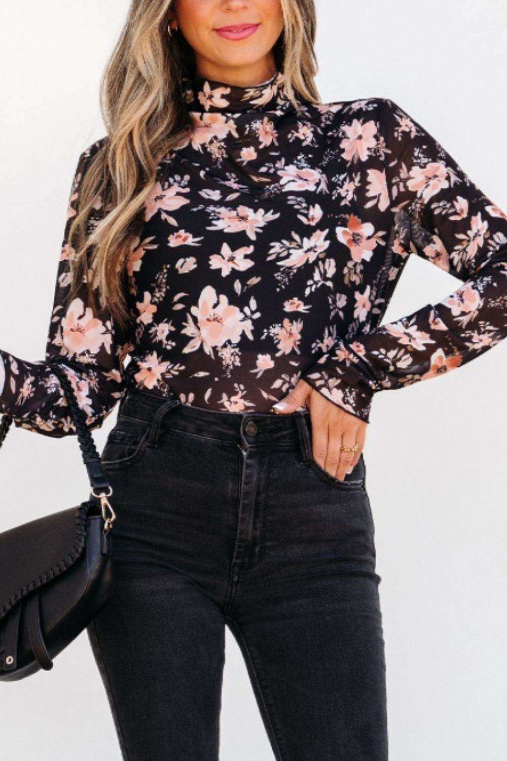 Floral Mock Neck Long Sleeve Blouse for a perfect OOTD – dress to impress outfits from Amexza