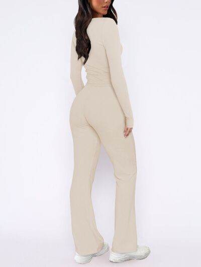 V-Neck Long Sleeve Top and Pants Set - Amexza