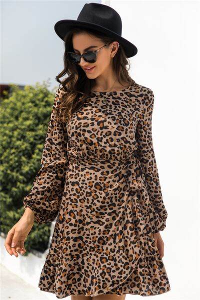 Animal Print Round Neck Balloon Sleeve Mini Dress for a perfect OOTD – dress to impress outfits from Amexza