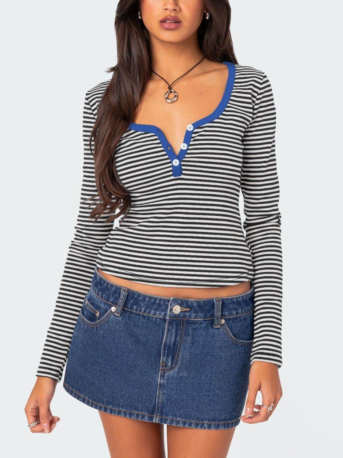 Buttoned Striped Long Sleeve T-Shirt Royal Blue for a perfect OOTD – dress to impress outfits from Amexza