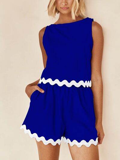 Contrast Trim Round Neck Tank and Shorts Set Royal Blue for a perfect OOTD – dress to impress outfits from Amexza