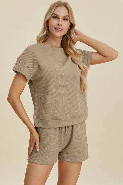 Double Take Full Size Texture Short Sleeve Top and Shorts Set for a perfect OOTD – dress to impress outfits from Amexza