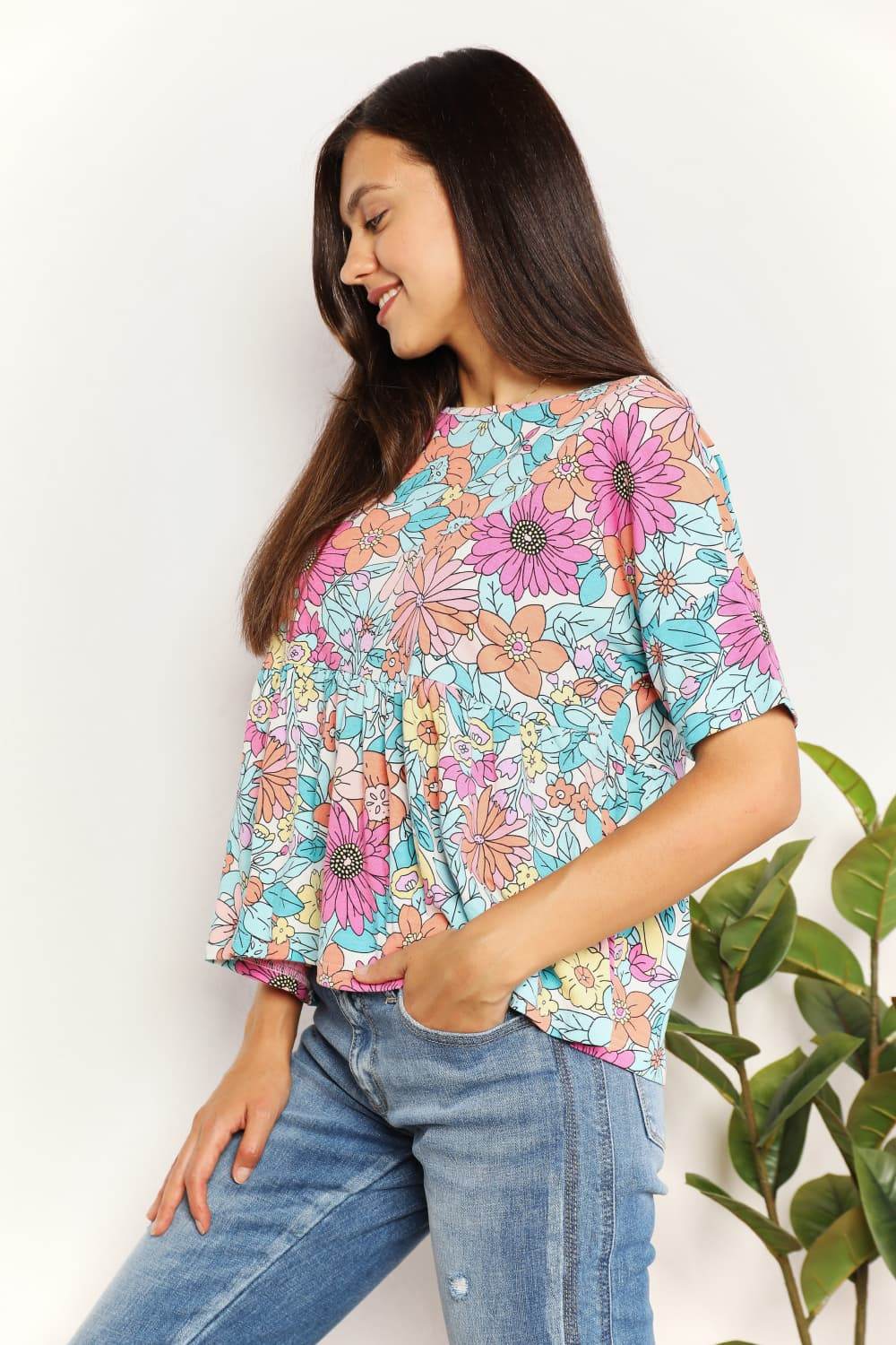 Double Take Floral Round Neck Babydoll Top for a perfect OOTD – dress to impress outfits from Amexza