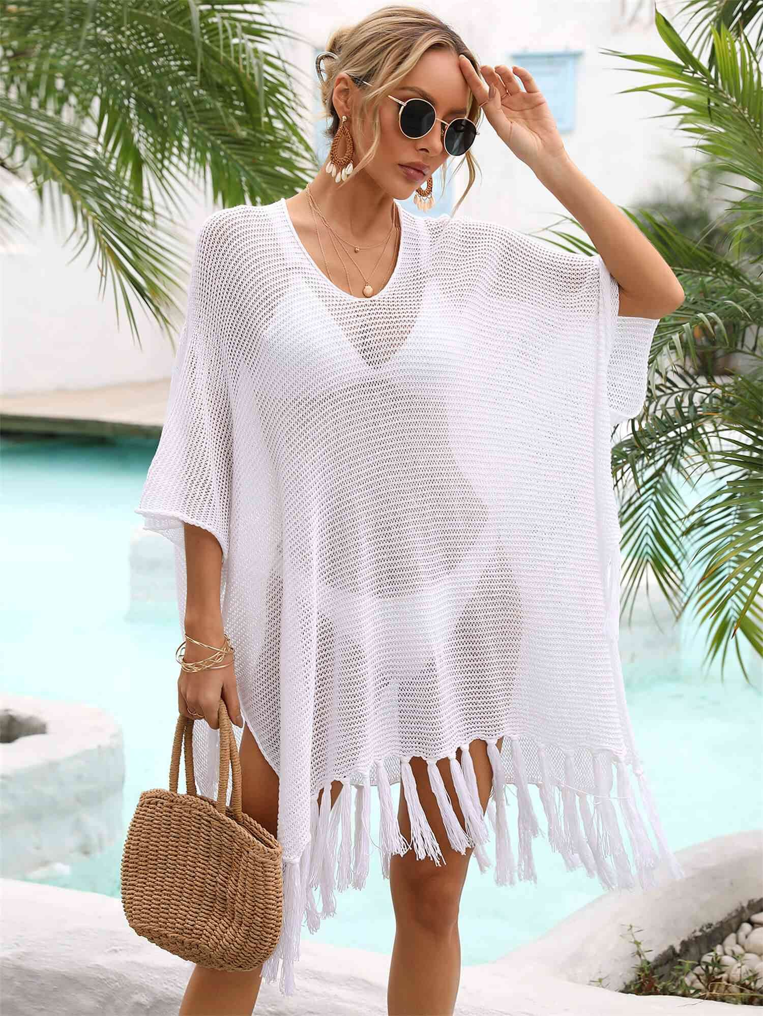 Angel Wings Fringe Trim Dolman Sleeve Openwork Cover-Up for a perfect OOTD – dress to impress outfits from Amexza