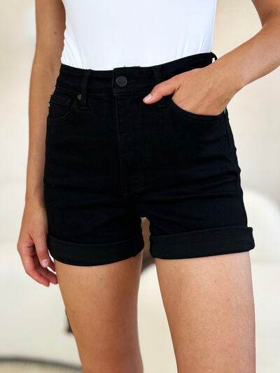 Judy Blue Full Size High Waist Tummy Control Cuffed Denim Shorts for a perfect OOTD – dress to impress outfits from Amexza