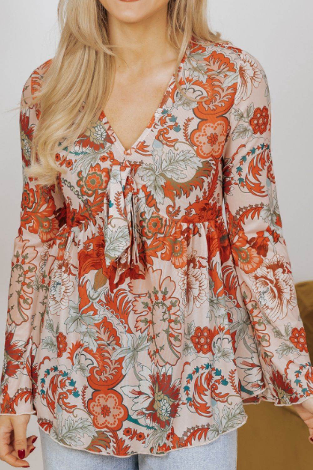 Floral V-Neck Flare Sleeve Blouse for a perfect OOTD – dress to impress outfits from Amexza