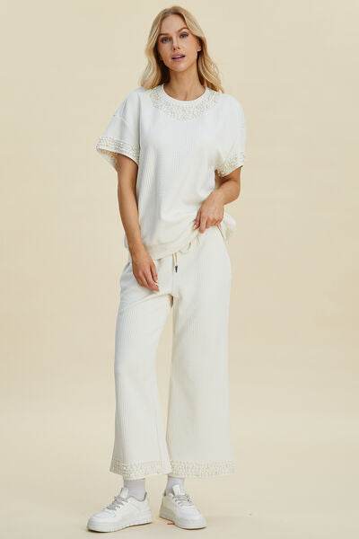 Double Take Full Size Pearl Detail Round Neck Top and Pants Set for a perfect OOTD – dress to impress outfits from Amexza