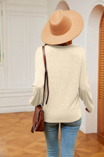 Contrast V-Neck Long Sleeve Blouse - Amexza
