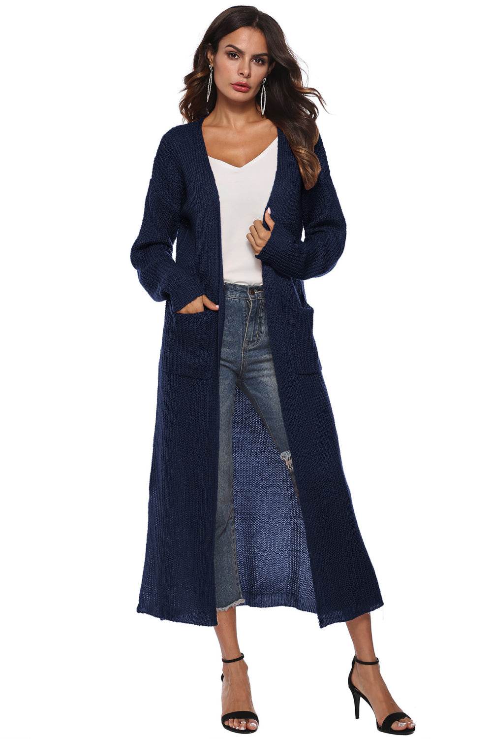 Long Sleeve Open Front Buttoned Cardigan Dark Blue for a perfect OOTD – dress to impress outfits from Amexza