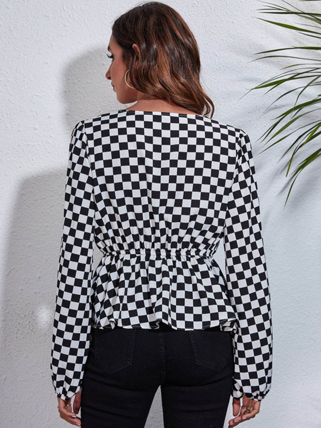 Checkered V-Neck Balloon Sleeve Peplum Blouse for a perfect OOTD – dress to impress outfits from Amexza