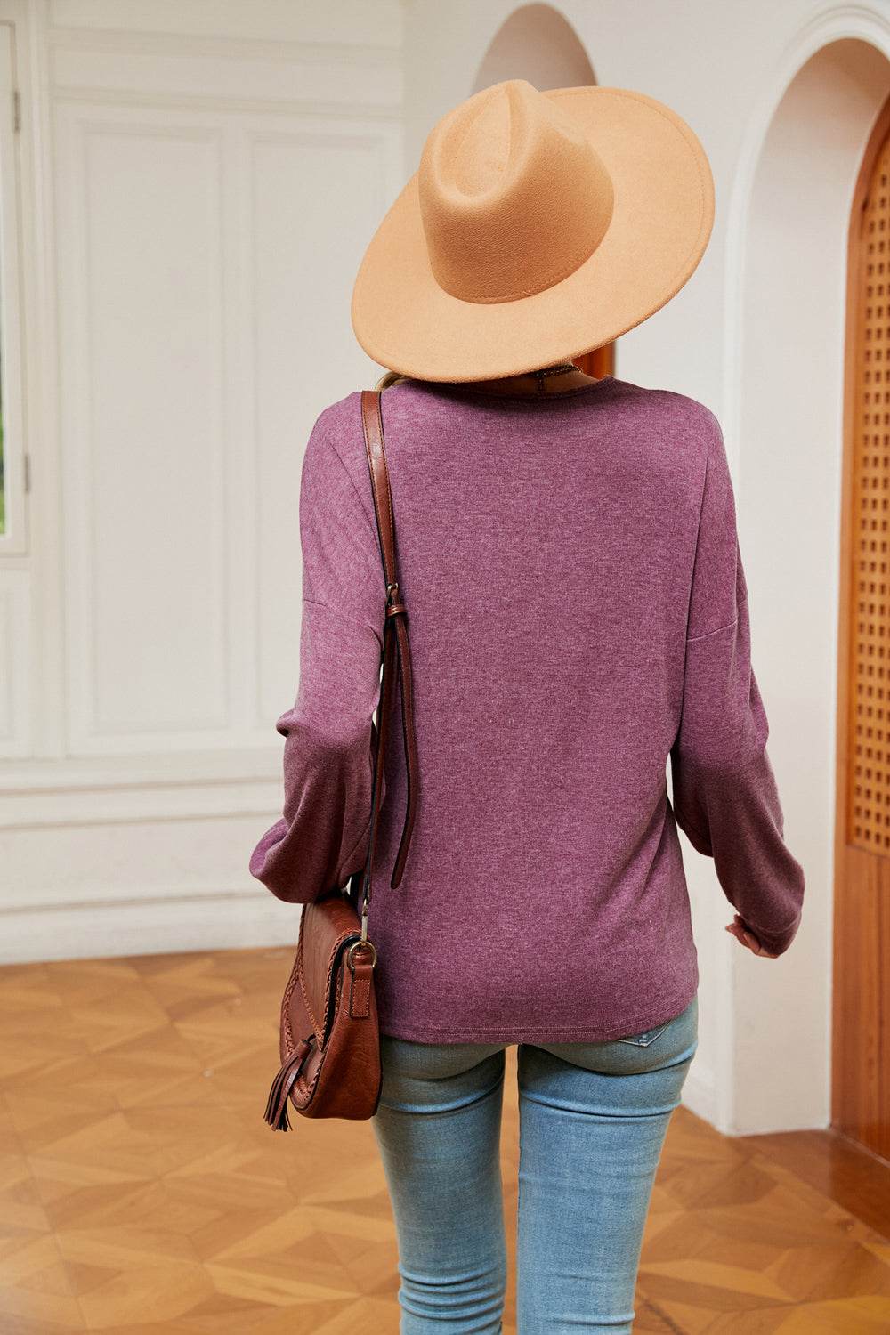 Contrast V-Neck Long Sleeve Blouse - Amexza