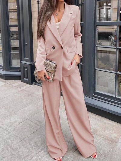 Buttoned Lapel Collar Long Sleeve Blazer and Pants Set Apricot for a perfect OOTD – dress to impress outfits from Amexza