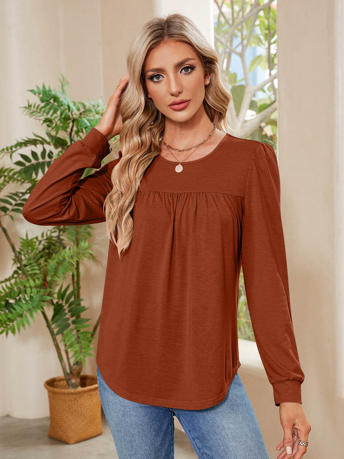 Ruched Round Neck Long Sleeve Blouse Brick Red for a perfect OOTD – dress to impress outfits from Amexza