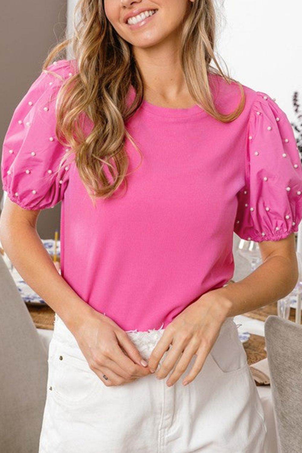 Pearl Detail Round Neck Puff Sleeve Blouse - Amexza