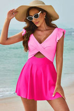 Cutout V-Neck Cap Sleeve One-Piece Swimwear Pink for a perfect OOTD – dress to impress outfits from Amexza