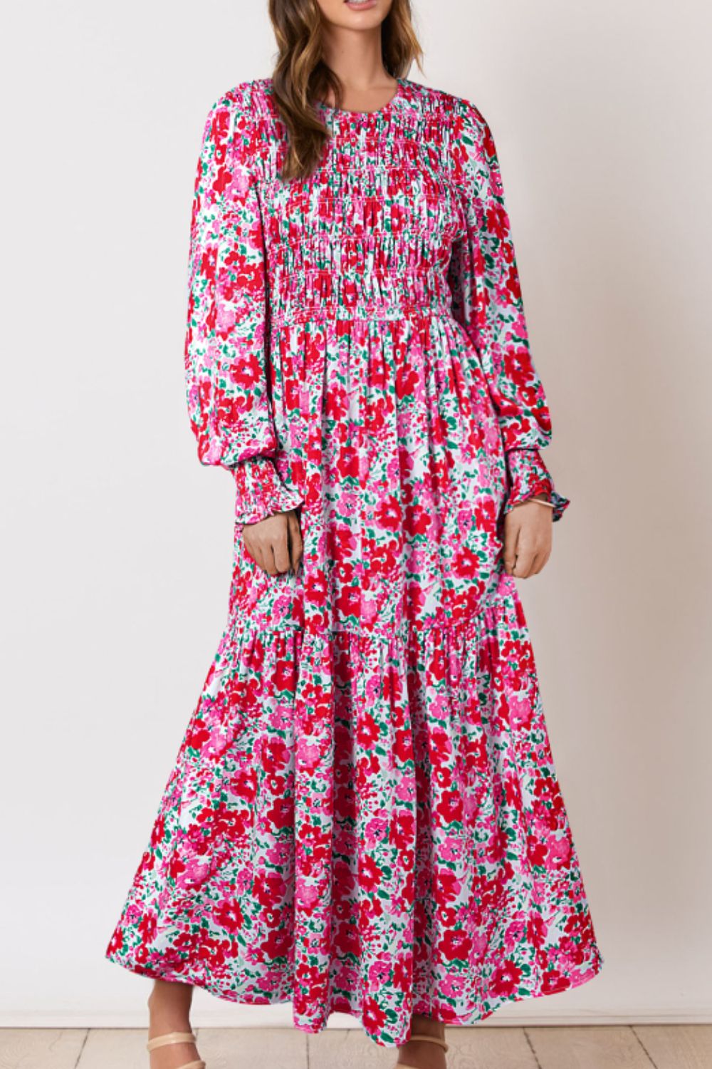 Printed Round Neck Lantern Sleeve Maxi Dress - Pink / S