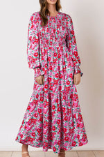Printed Round Neck Lantern Sleeve Maxi Dress - Amexza