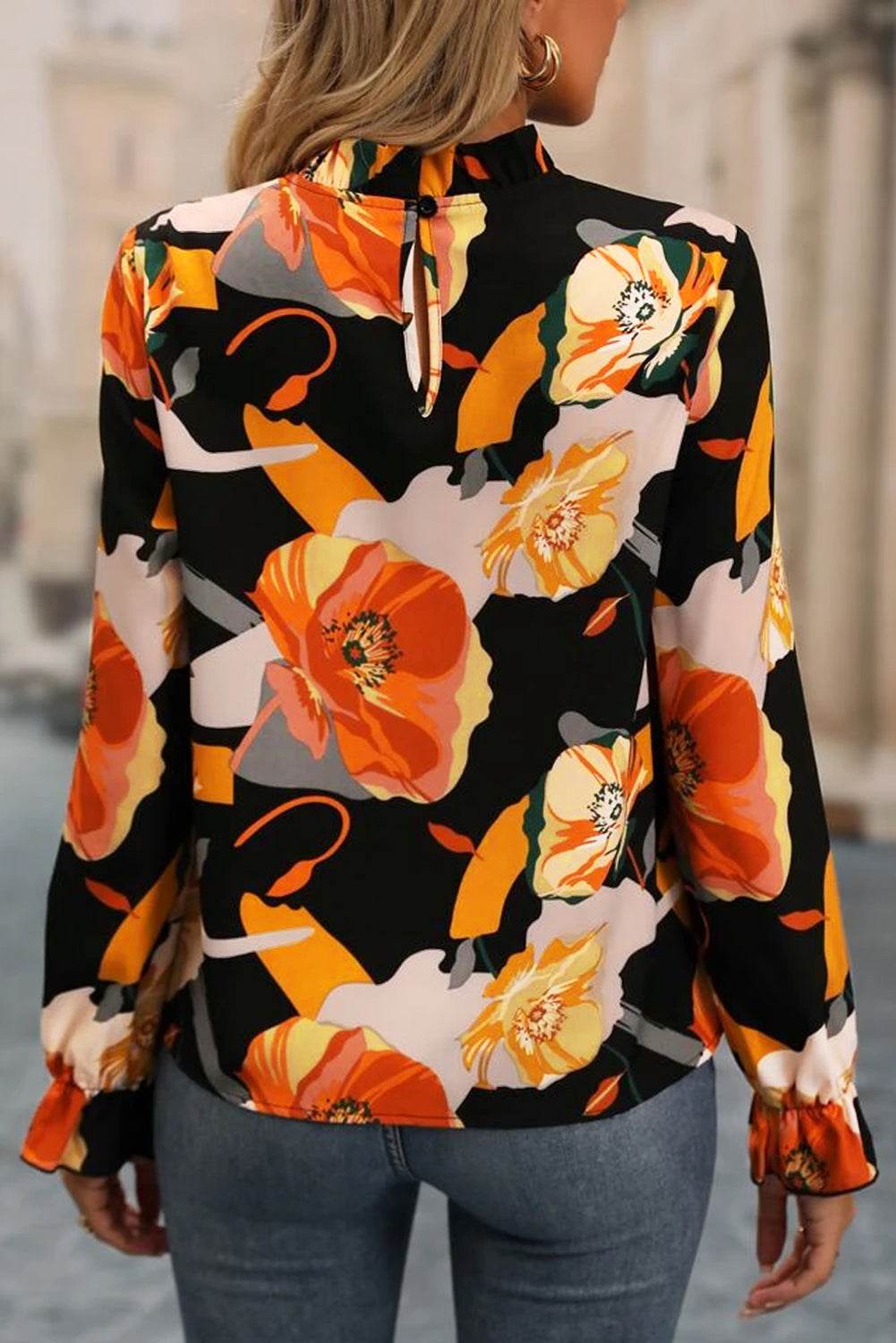 Floral Mock Neck Flounce Sleeve Blouse for a perfect OOTD – dress to impress outfits from Amexza