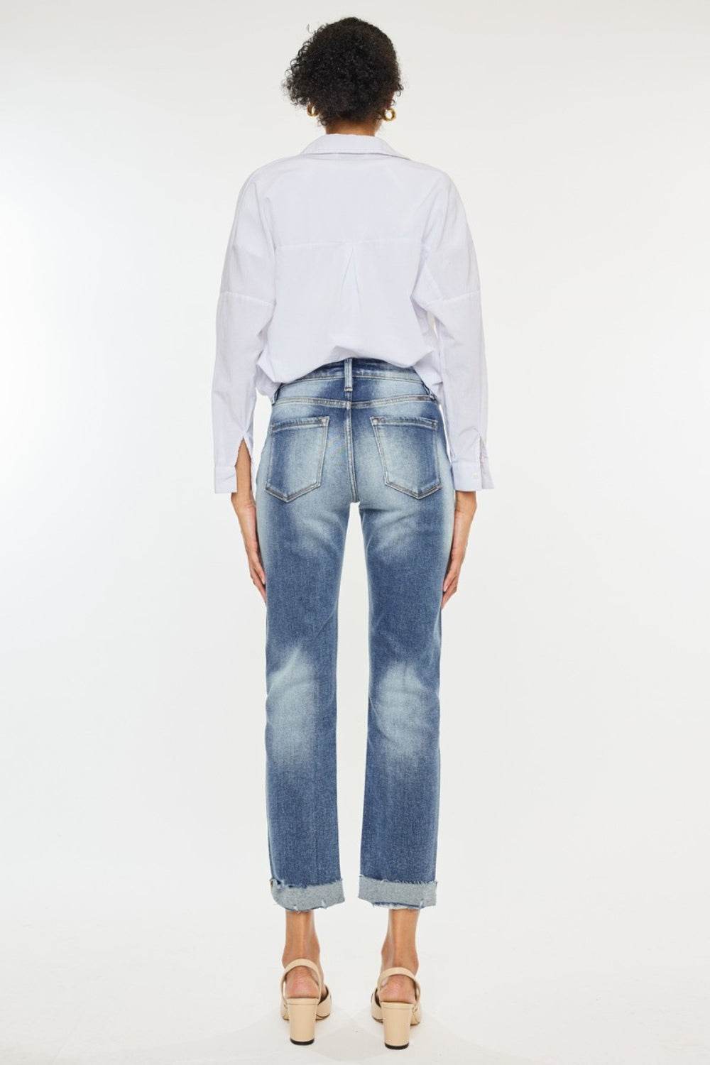 High Rise Cuffed Straight Jeans - Amexza