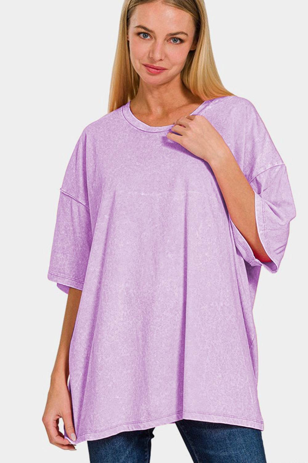 Zenana Full Size Washed Round Neck Drop Shoulder Oversized T-Shirt Pink Purple for a perfect OOTD – dress to impress outfits from Amexza