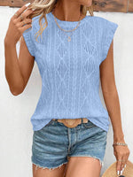 Openwork Round Neck Cap Sleeve Top - Amexza