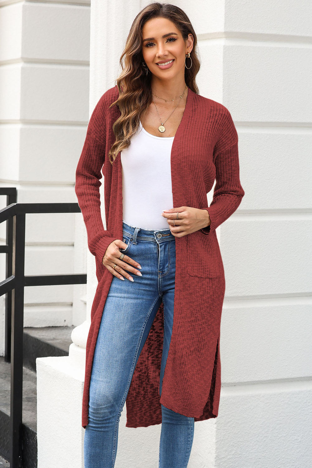 Open Front Slit Cardigan with Pockets for a perfect OOTD – dress to impress outfits from Amexza