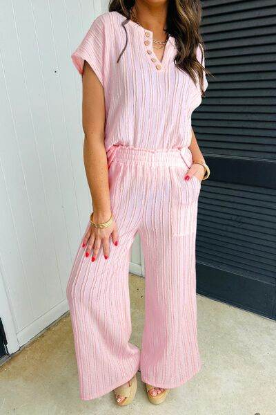 Textured Short Sleeve Top and Pocketed Wide Leg Pants Blush Pink for a perfect OOTD – dress to impress outfits from Amexza