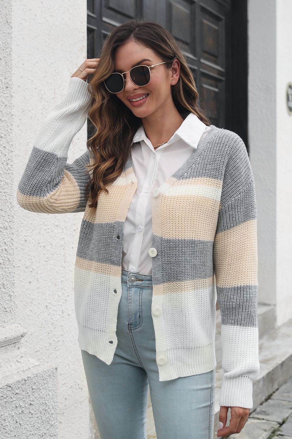 Color Block Button Down Cardigan - Amexza