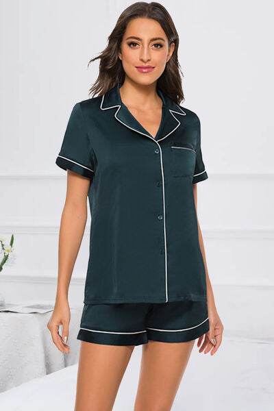 Printed Button Up Short Sleeve Top and Shorts Lounge Set Deep Teal for a perfect OOTD – dress to impress outfits from Amexza