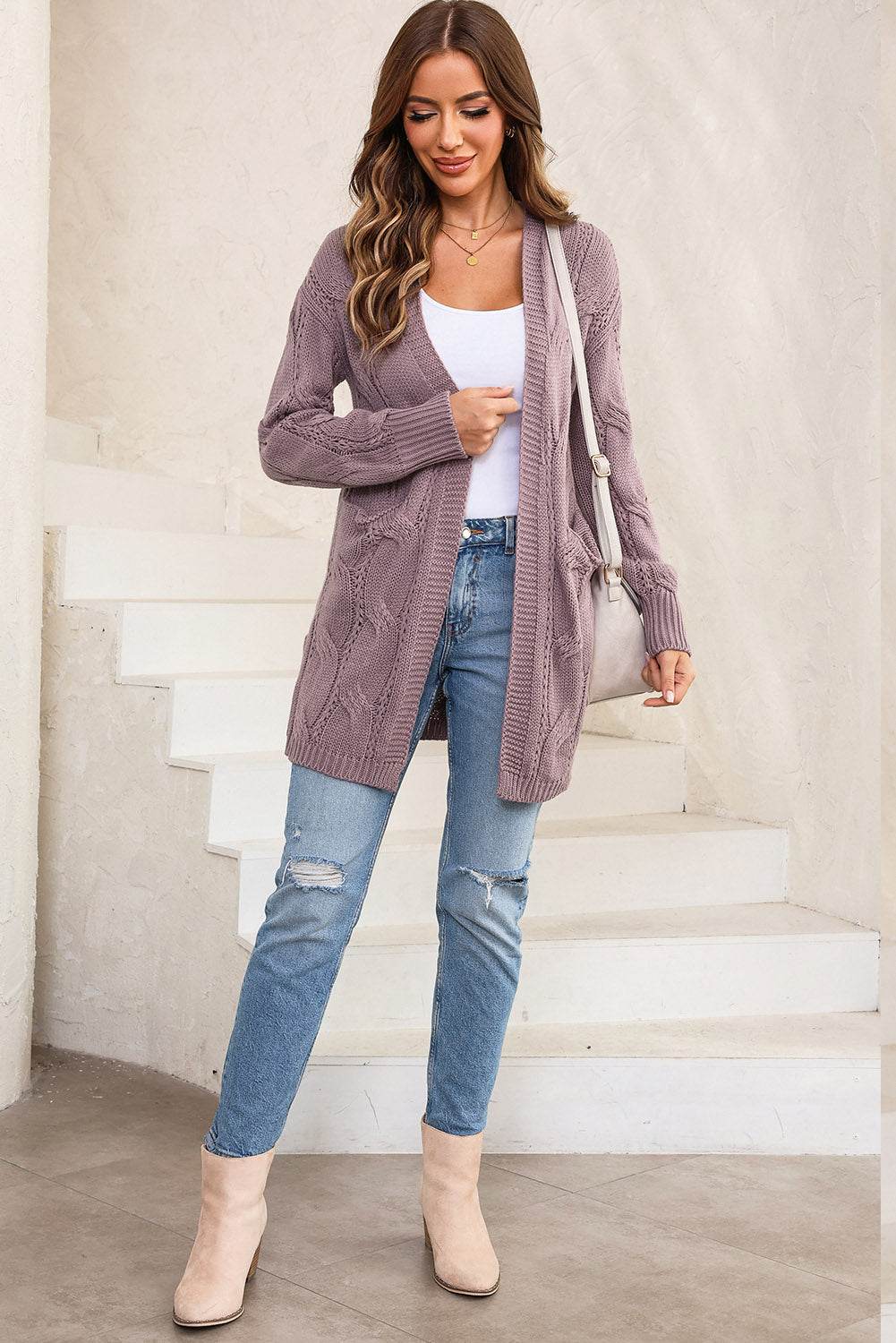 Cable-Knit Dropped Shoulder Slit Cardigan for a perfect OOTD – dress to impress outfits from Amexza