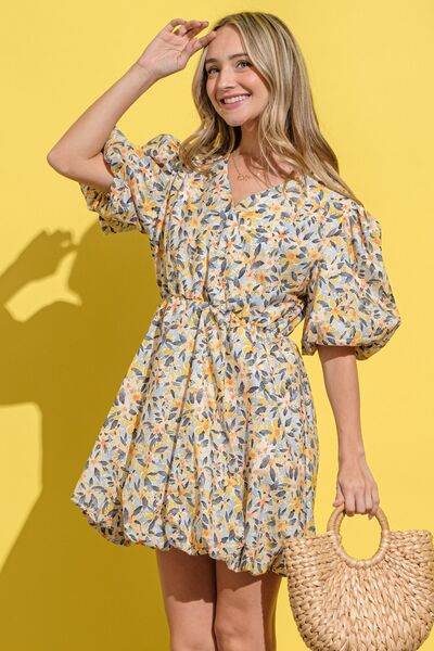 Full Size Floral Surplice Puff Sleeve Dress for a perfect OOTD – dress to impress outfits from Amexza