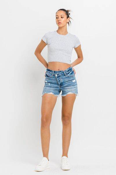 Lovervet Stepped Waist Raw Hem Denim Shorts - Amexza