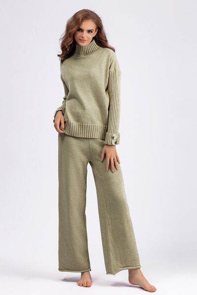 Basic Bae High- Low Turtleneck Long Sleeve Top and Pants Sweater Set Khaki One Size for a perfect OOTD – dress to impress outfits from Amexza