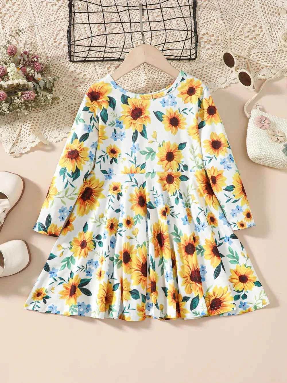 Kids Sunflower Print Round Neck Long Sleeve Dress for a perfect OOTD – dress to impress outfits from Amexza