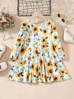 Kids Sunflower Print Round Neck Long Sleeve Dress for a perfect OOTD – dress to impress outfits from Amexza