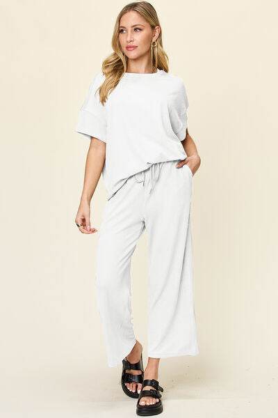 Double Take Full Size Texture Round Neck Short Sleeve T-Shirt and Wide Leg Pants for a perfect OOTD – dress to impress outfits from Amexza