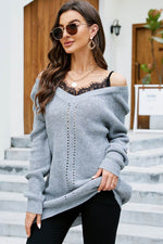 Openwork V-Neck Long Sleeve Sweater for a perfect OOTD – dress to impress outfits from Amexza