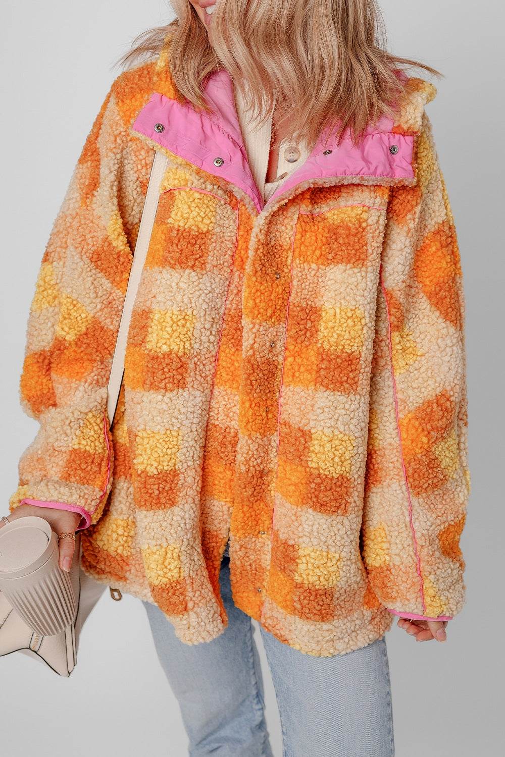 Checkered Long Sleeve Sherpa Hooded Jacket Tangerine for a perfect OOTD – dress to impress outfits from Amexza