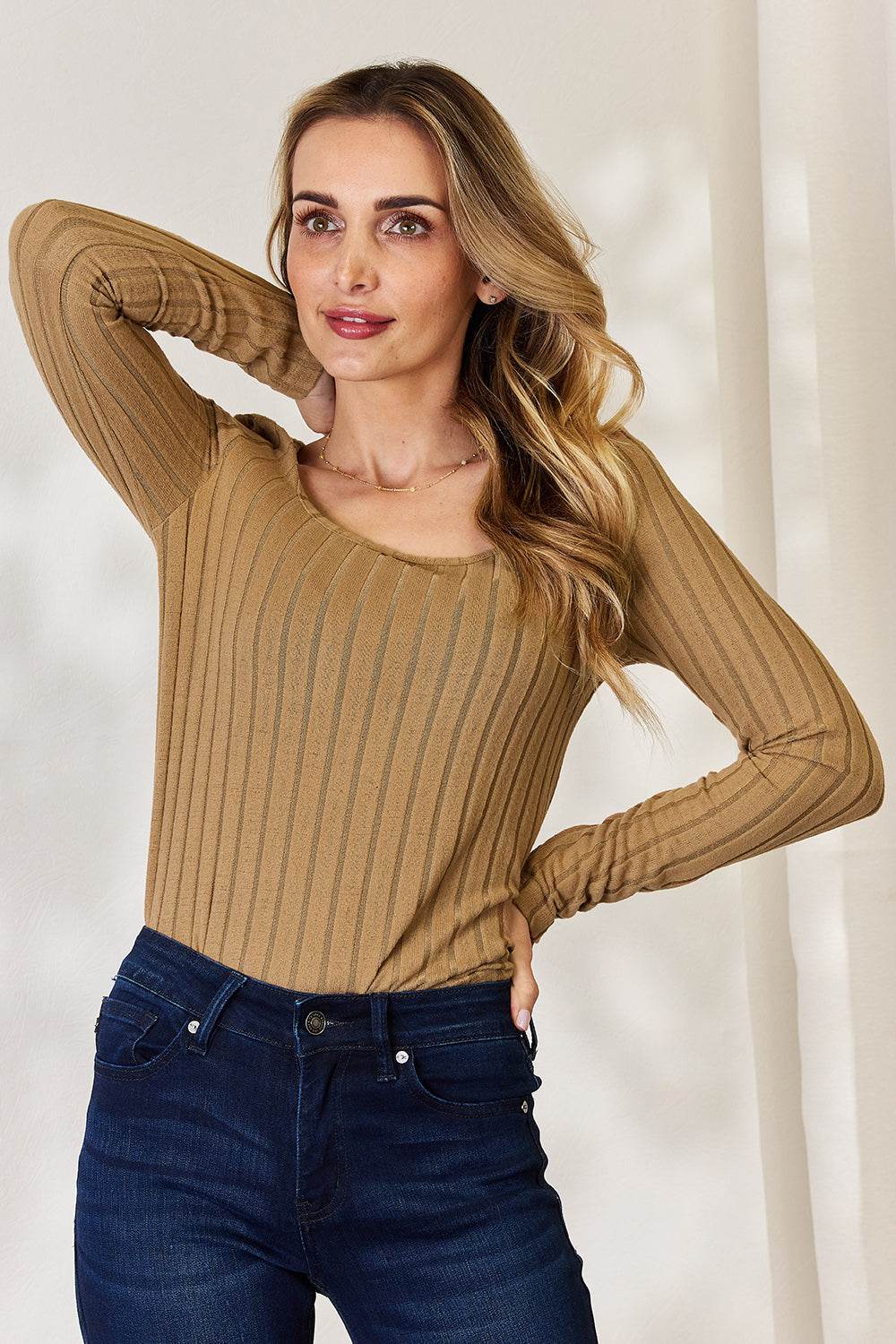 Basic Bae Full Size Ribbed Long Sleeve T-Shirt for a perfect OOTD – dress to impress outfits from Amexza